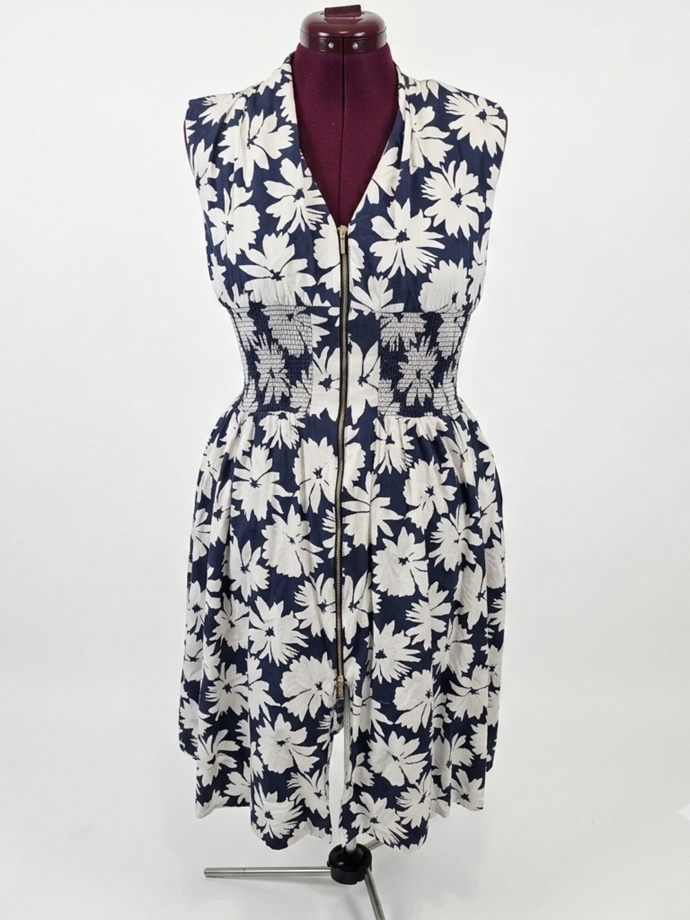 Anthropologie Navy and White Floral Zip-Front Sundress